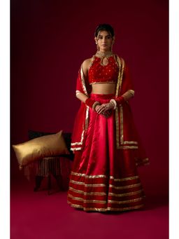 RAYASHA KHAN - Ruby Red Russian Lehenga with Blouse and Dupatta
