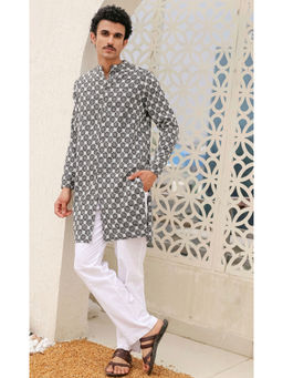 HOUSE OF KARI - Men's Jacquard with Embroidered Black Kurta