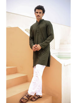 HOUSE OF KARI - Men's In Embroidered Sequined Rayon Olive Kurta