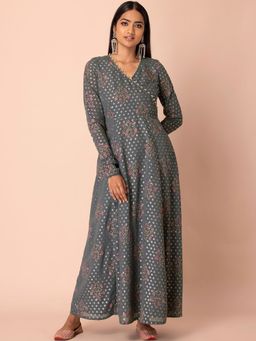Indya - Grey Foil Churidar Sleeve Angrakha Kurta
