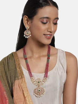 Accessher - Ruby Matte Gold-Plated Polki Beaded Handcrafted Jewellery Set For Women