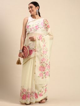 Sangam Prints - Off White Organza Digital Print Festival Saree with Unstitched Blouse