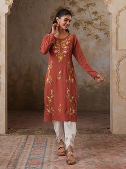 QAZMI - Sahar Aari Work Viscose Rayon Full Sleevess Slim Fit Straight Kurta