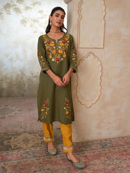 QAZMI - Women Aari Work Linen Cotton Pearl Embellished Keyhole Neck Straight Kurta