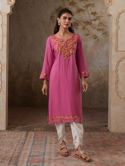 QAZMI - Huma Aari Work Viscose Rayon Keyhole Neck Pink Straight Kurta