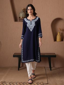 QAZMI - Women Aari Embroidered Viscose Rayon Keyhole Neck Kurta