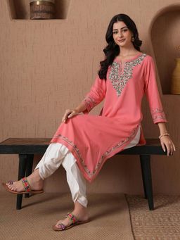 QAZMI - Women Aari Embroidered Viscose Rayon Keyhole Neck Kurta