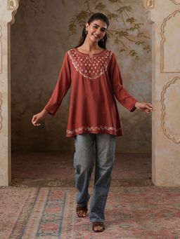 QAZMI - Azra Kashmiri A-Line Full Sleeves Viscose Rayon Short Kurti