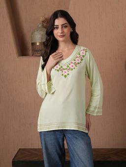QAZMI - Floral Kashmiri Aari Work Viscose Rayon V-Neck Full Sleeves Kurti