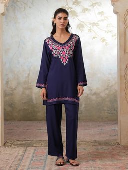 QAZMI - Womens Viscose Rayon Embroidered Blue Kurti with Pant