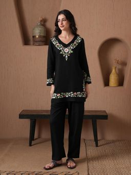 QAZMI - Kashmiri Aari Work Viscose Rayon V-Neck Full Sleeves CoOrd Set