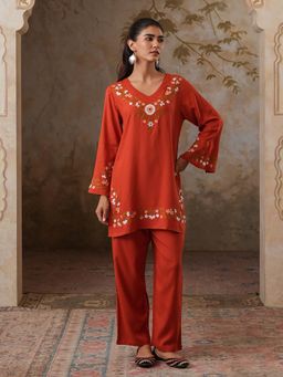 QAZMI - Womens Viscose Rayon Embroidered Red Kurti with Pant