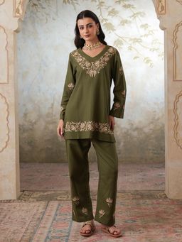 QAZMI - Heena Kashmiri Chinar Embroidered Linen Cotton Full Sleeves V-Neck Co-Ord Set