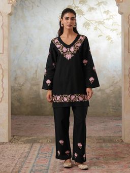 QAZMI - Womens Cotton Linen Embroidered Black Co-Ord Set