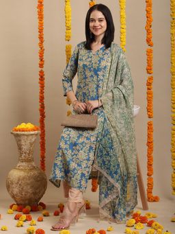 Gahan - Womens Blue Viscose Rayon Straight Printed Kurta with Pant & Dupatta