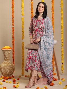 Gahan - Womens Pink Viscose Rayon Straight Printed Kurta with Pant & Dupatta