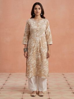 House of Chikankari - Beige Zainab Mulmul Chikankari Printed Straight Kurta
