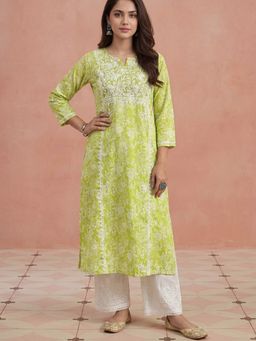 House of Chikankari - Green Cotton Cambric Chikankari Kurta
