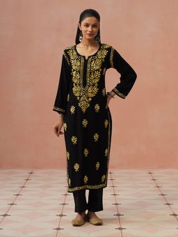 House of Chikankari - Black Rayon Chikankari Kurta