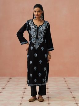 House of Chikankari - Black Rayon Chikankari Kurta