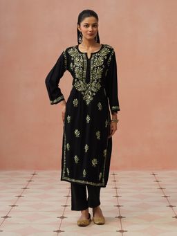 House of Chikankari - Black Rayon Chikankari Kurta