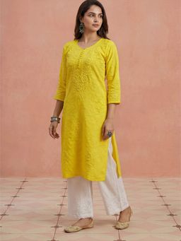 House of Chikankari - Yellow Cotton Jacquard Chikankari Kurta