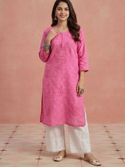 House of Chikankari - Pink Cotton Jacquard Chikankari Kurta