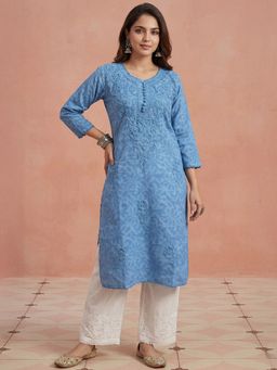 House of Chikankari - Blue Cotton Jacquard Chikankari Kurta