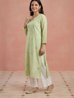 House of Chikankari - Light Green Booti Chanderi Chikankari Kurta