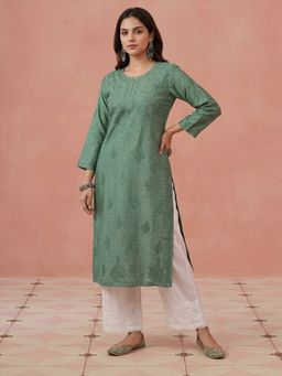 House of Chikankari - Dark Green Booti Chanderi Chikankari Kurta