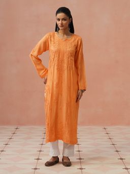 House of Chikankari - Orange Muslin Chikankari Kurta