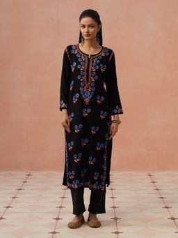 House of Chikankari - Black Rayon Chikankari Kurta