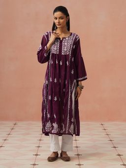 House of Chikankari - Wine Chanderi Chikankari Kurta
