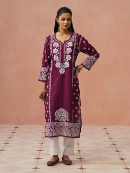 House of Chikankari - Wine Chanderi Chikankari Kurta