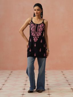 House of Chikankari - Black Rayon Chikankari Short Kurta