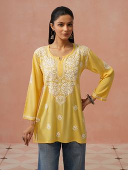 House of Chikankari - Yellow Rayon Chikankari Short Kurta