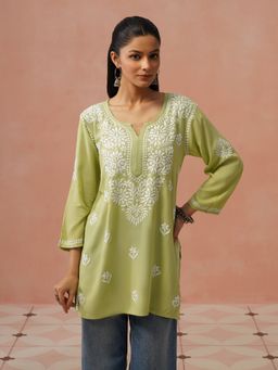 House of Chikankari - Light Green Rayon Chikankari Short Kurta