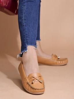 Shoetopia - Stylish Bow Detailed Tan Loafers for Women