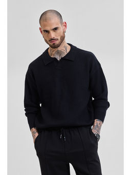 Snitch - Black Textured Full Sleeves Relaxed Casual Sweaters