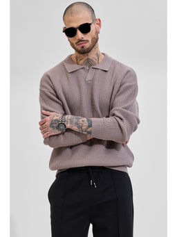 Snitch - Mauve Textured Full Sleeves Relaxed Casual Sweaters