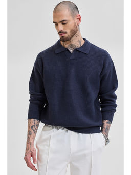 Snitch - Navy Blue Textured Full Sleeves Relaxed Casual Sweaters