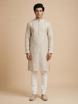 EKATVA ETHNIC - Beige Linen Thread Embroidered Kurta and Pyjama