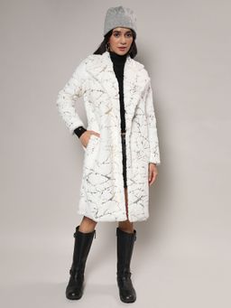 Campus Sutra - Women Chalk White Metallic Veined Faux Fur Long Overcoat