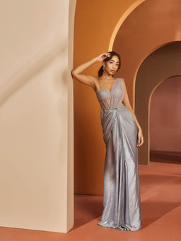 Saanjh by Lea - Faizah Grey Glitter Georgette One-Piece Saree with Stitched