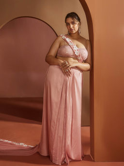 Saanjh by Lea - Qiana Pink 3D Flower Embroidered Saree with Stitched Blouse