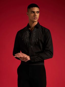 Philocaly - Men's Black Sablerays Regular Embellished/Sequined Shirt