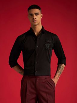 Philocaly - Men's Black Nightwine Slim Embroidered Shirt