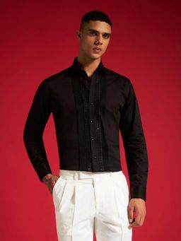 Philocaly - Men's Black Cadence Slim Embroidered Shirt