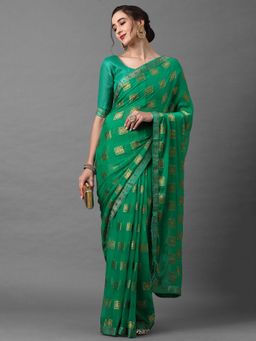 Akhilam - Green Festive Chiffon Solid Saree with Unstitched
