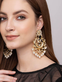 Indya - Gold Crescent Textured Kundan Dangler Earrings